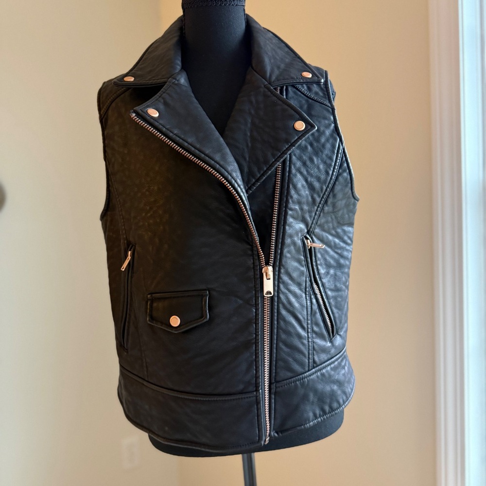 Marc New York Andrew Marc Moto Vest Black Faux Leather Sz Large Biker Zip